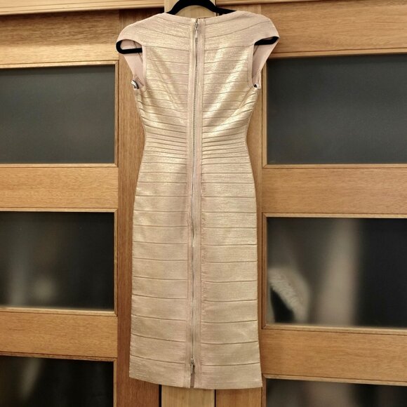 HERVE LEGER~MAIRA~Mini Foil Accent Scoop Neck Bandage Dress Metallic Pink Gold - Picture 5 of 8